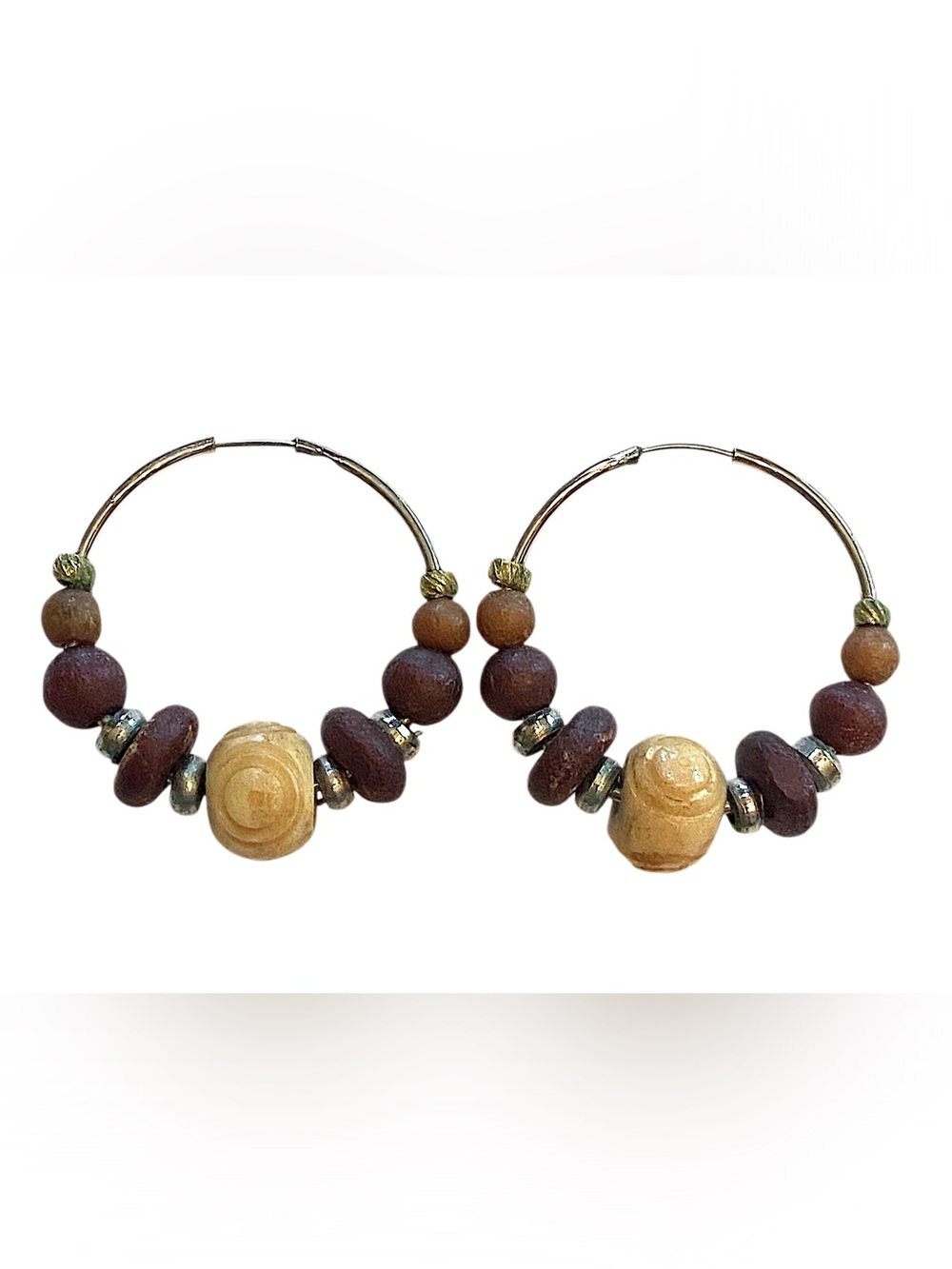 Vintage Boho Carved Bone Natural Beaded Hoop Earrings